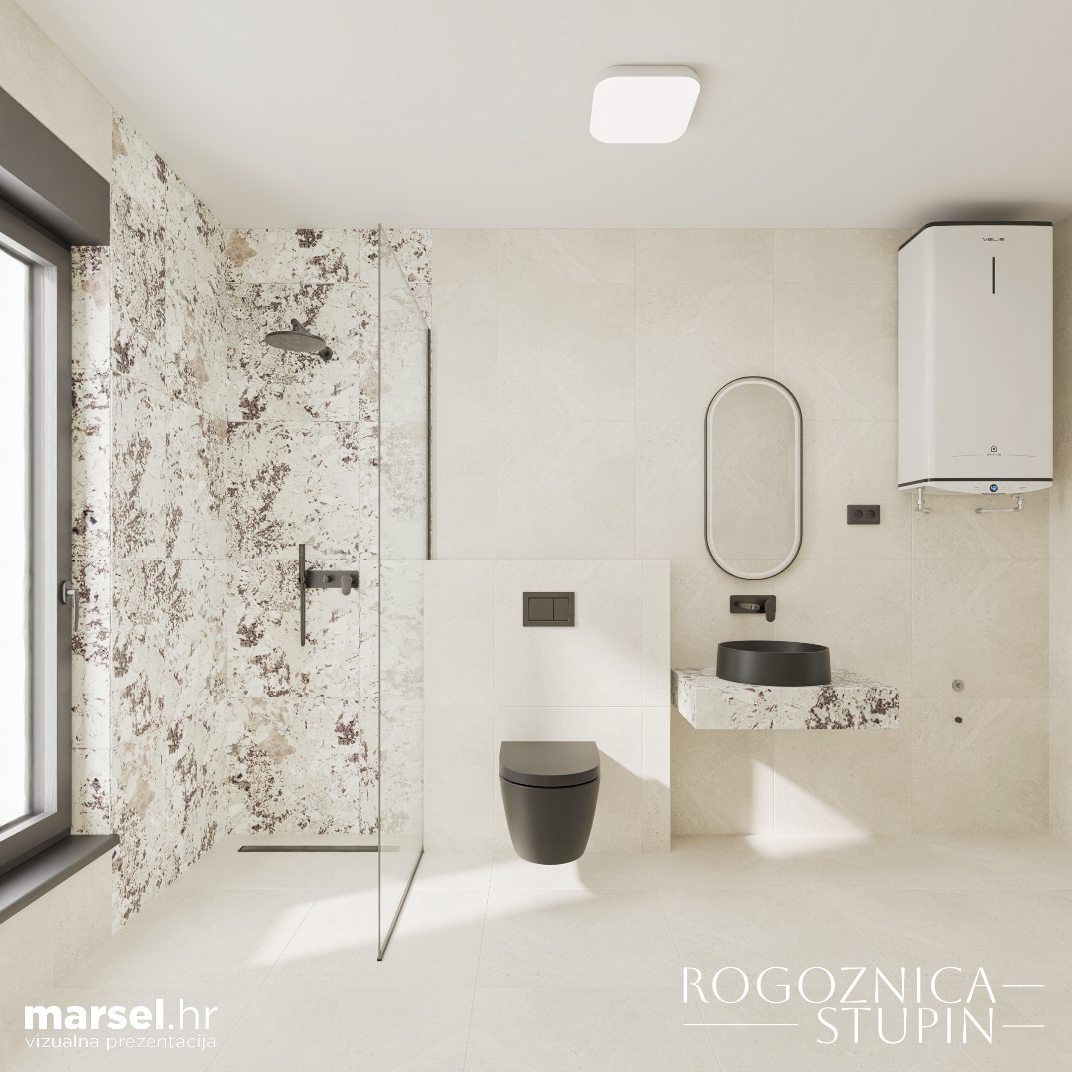 Vizualizacija interijera apartmana u novogradnji Rogoznica Stupin. Prostrani i svijetli unutarnji prostori s pogledom na more, idealni za stanovanje ili investiranje u apartman na dalmatinskoj obali.